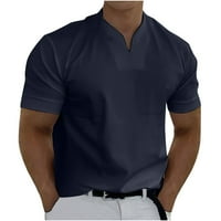 Uorcsa Плус Големина Фитнес V Вратот Мода Краток Ракав Блуза Повик Спортски Џеб Машки Врвот Блуза Морнарица