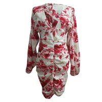 симоидни Долги Фустани За Жени-Печатење На Вратот Секојдневен Моден Секси Задник Фустан Со Долги Ракави Црвен М