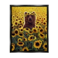 Среќна мечка сончогледово поле животни и инсекти сликање авион црно врамен уметнички печатен wallид уметност