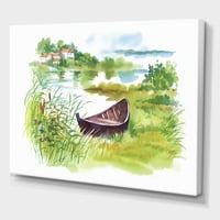 Рурален зелен пејзаж со брод во езерото сликарство платно уметнички принт