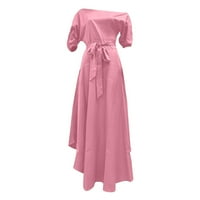 Летни Фустани За Жени Должина На Глуждот А-Линија Краток Ракав Мода Лажичка Вратот Цврст Фустан Розова XL