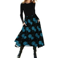 Женски Моден Блок Во Боја Печатен Кружен Врат Фустан Со Долги Ракави Миди Фустан