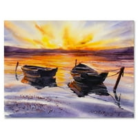 Две мали чамци паркираат на брегот и зајдисонцето сликарско платно уметничко печатење